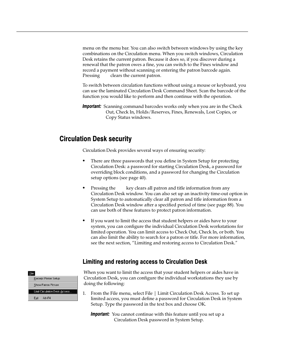 Circulation desk security, Limiting and restoring access to circulation desk | Follett VERSION 6.00 User Manual | Page 118 / 730