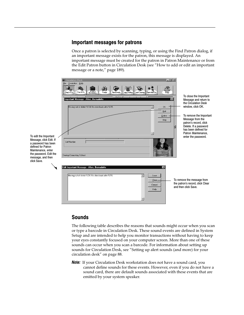 Important messages for patrons, Sounds | Follett VERSION 6.00 User Manual | Page 126 / 730