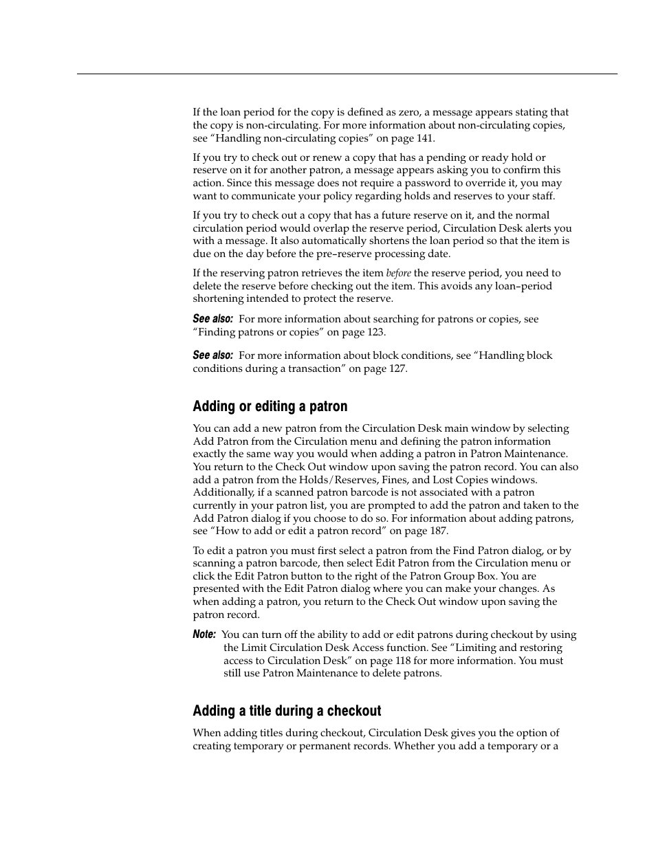 Adding or editing a patron, Adding a title during a checkout | Follett VERSION 6.00 User Manual | Page 139 / 730