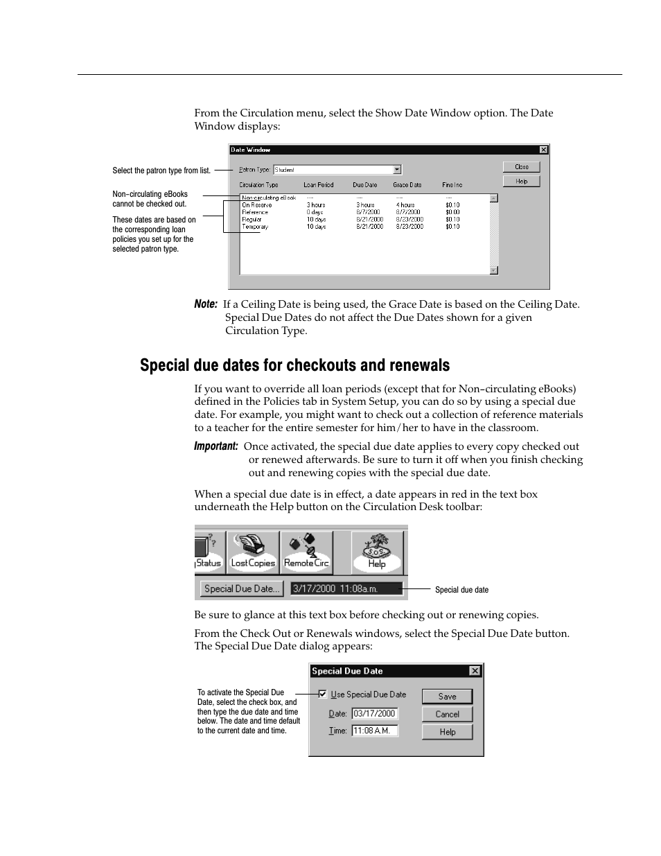 Special due dates for checkouts and renewals | Follett VERSION 6.00 User Manual | Page 143 / 730