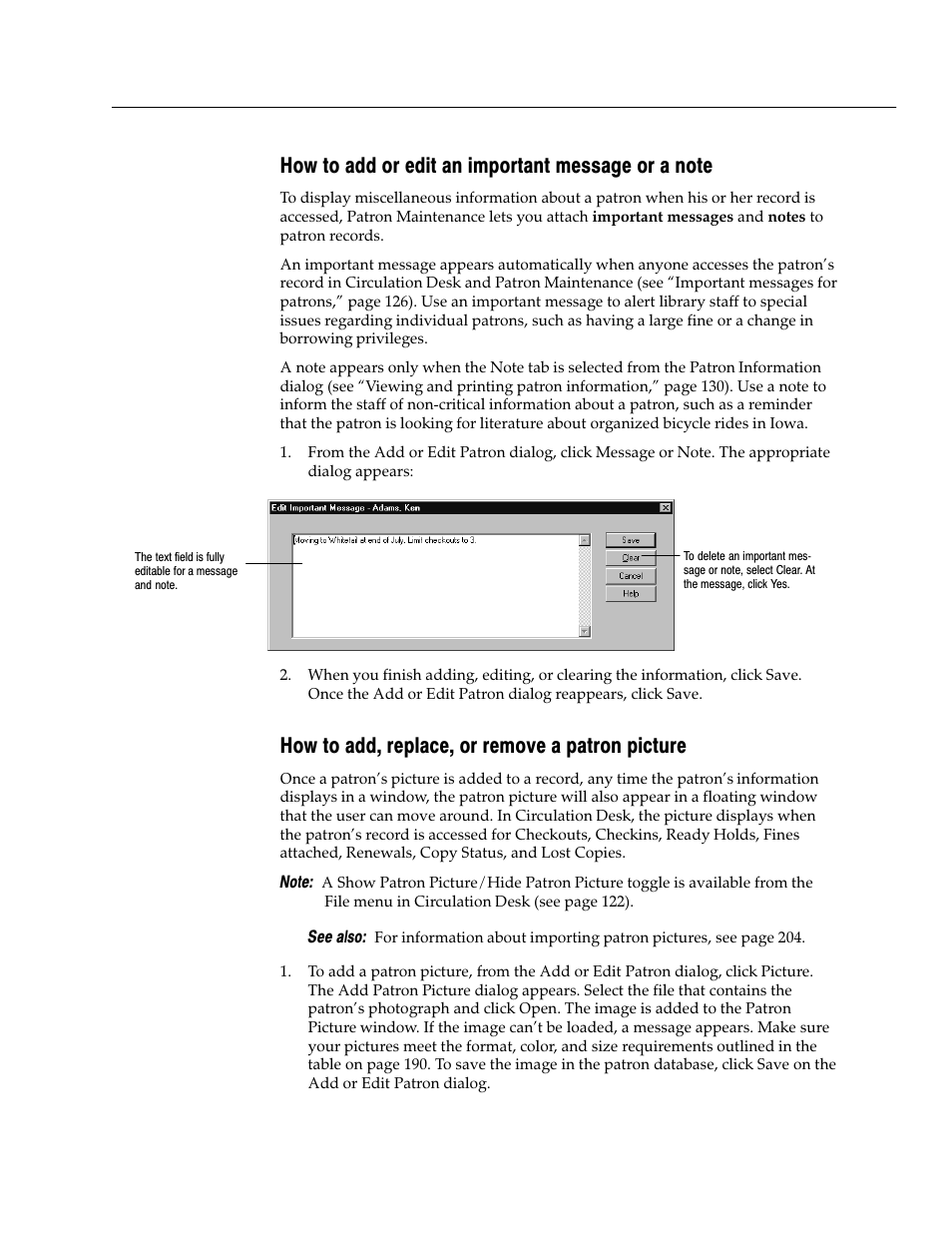 How to add or edit an important message or a note, How to add, replace, or remove a patron picture | Follett VERSION 6.00 User Manual | Page 189 / 730