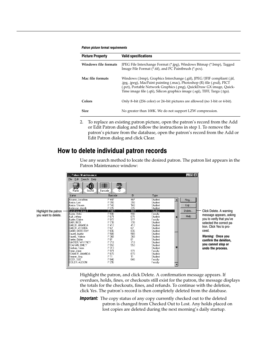 How to delete individual patron records, Important | Follett VERSION 6.00 User Manual | Page 190 / 730