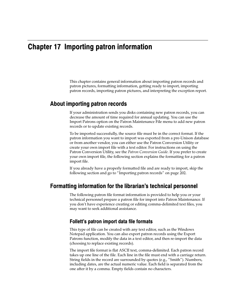 Chapter 17 importing patron information, About importing patron records, Follett's patron import data file formats | Follett VERSION 6.00 User Manual | Page 199 / 730