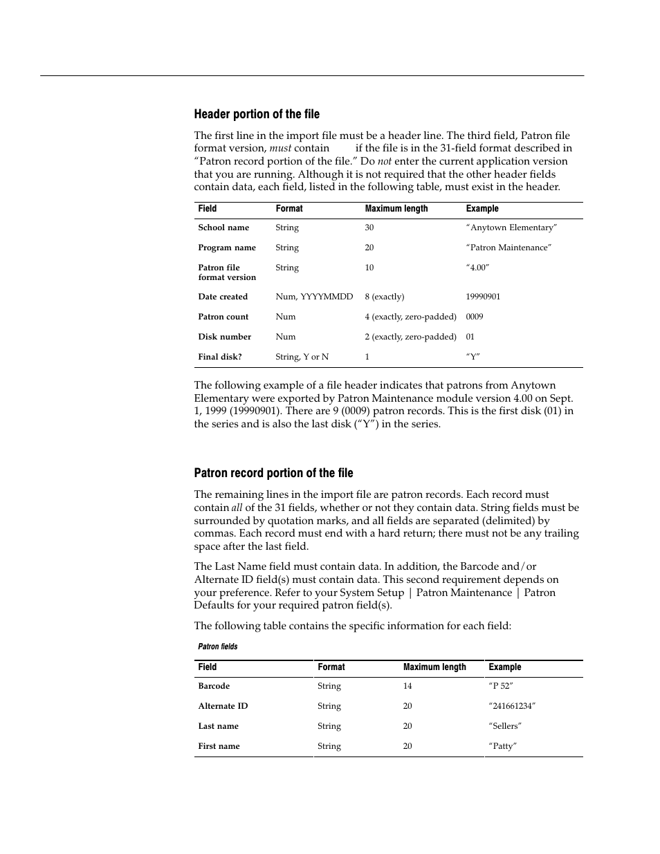 Header portion of the file, Patron record portion of the file | Follett VERSION 6.00 User Manual | Page 200 / 730