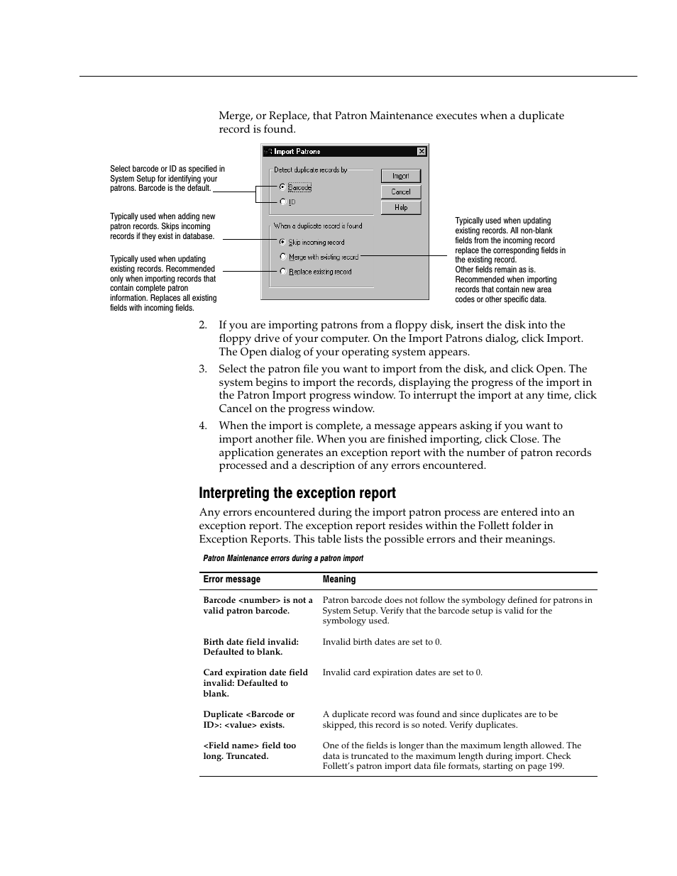 Interpreting the exception report | Follett VERSION 6.00 User Manual | Page 203 / 730