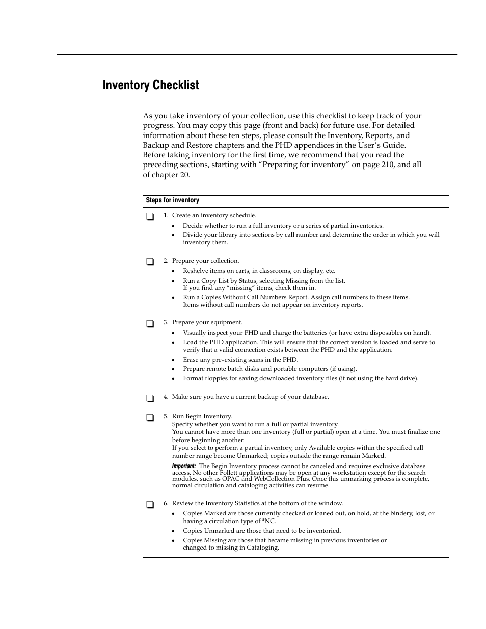 Inventory checklist | Follett VERSION 6.00 User Manual | Page 213 / 730