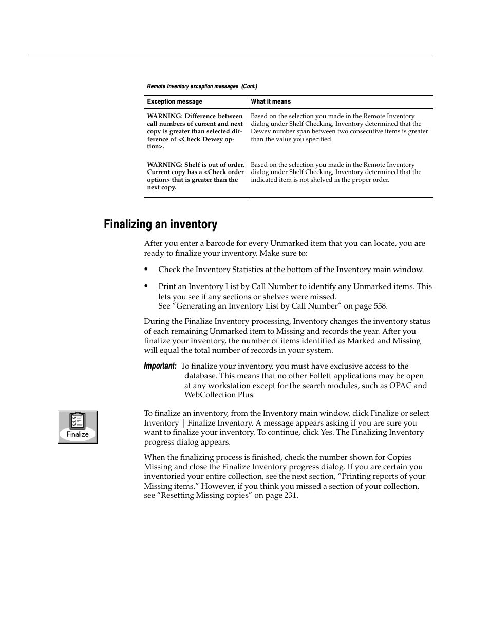 Finalizing an inventory | Follett VERSION 6.00 User Manual | Page 230 / 730