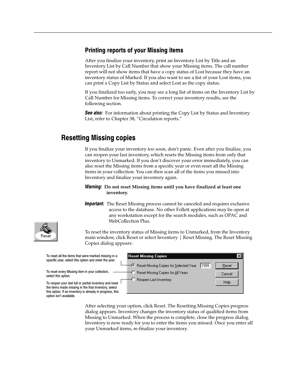 Printing reports of your missing items, Resetting missing copies | Follett VERSION 6.00 User Manual | Page 231 / 730