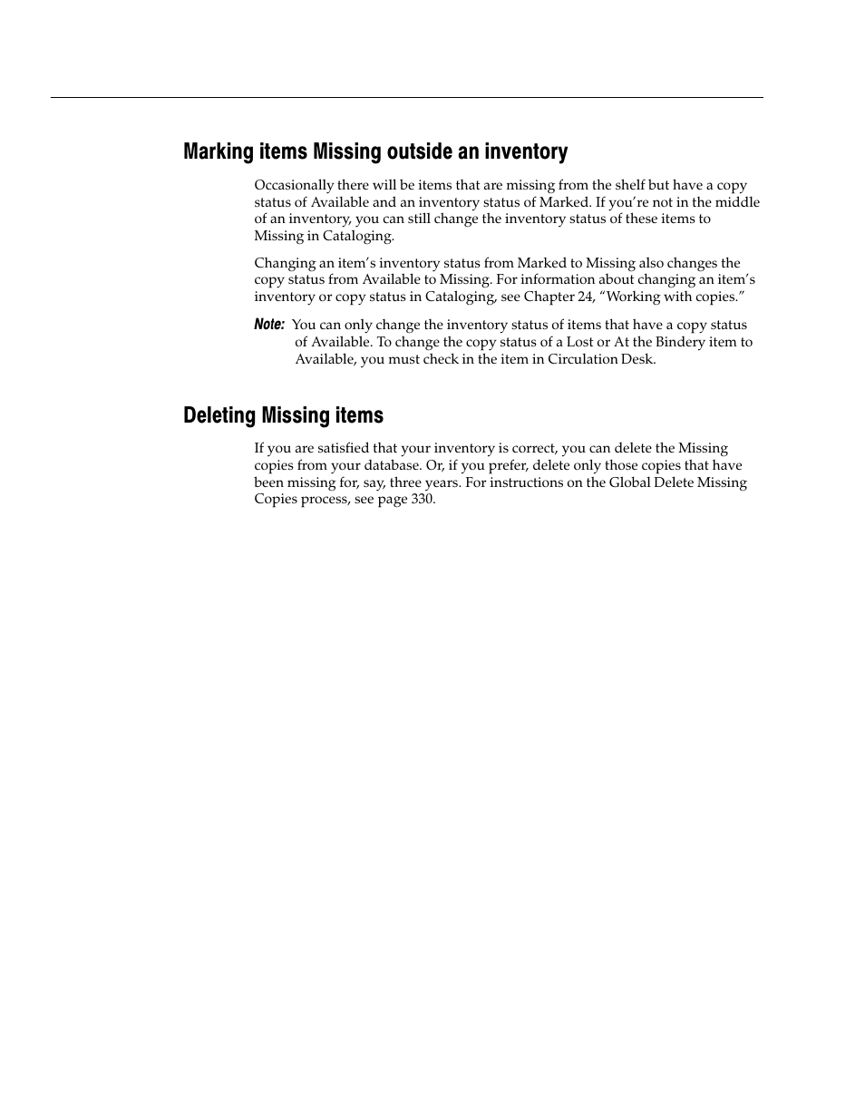 Marking items missing outside an inventory, Deleting missing items | Follett VERSION 6.00 User Manual | Page 232 / 730
