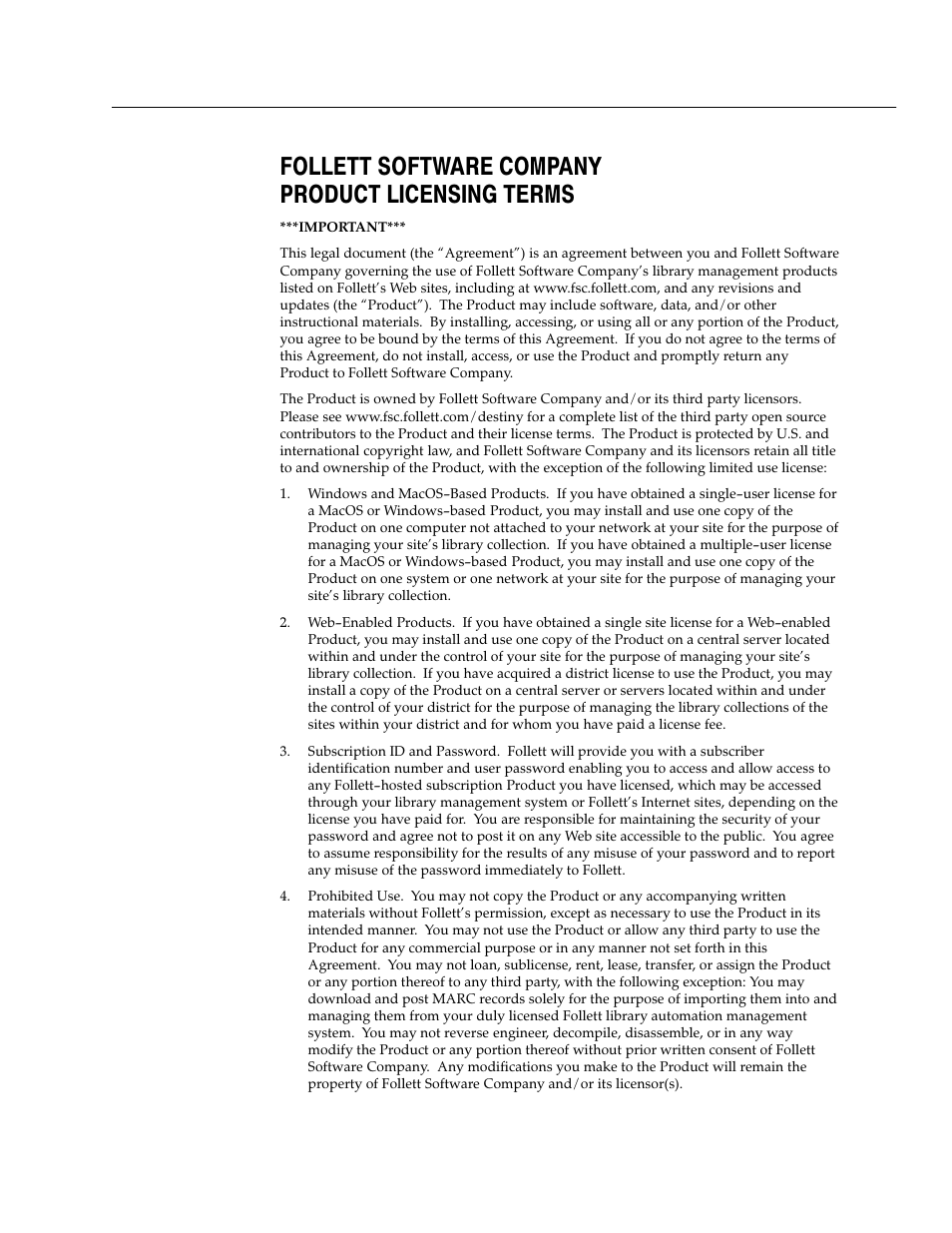 Follett software company product licensing terms | Follett VERSION 6.00 User Manual | Page 3 / 730