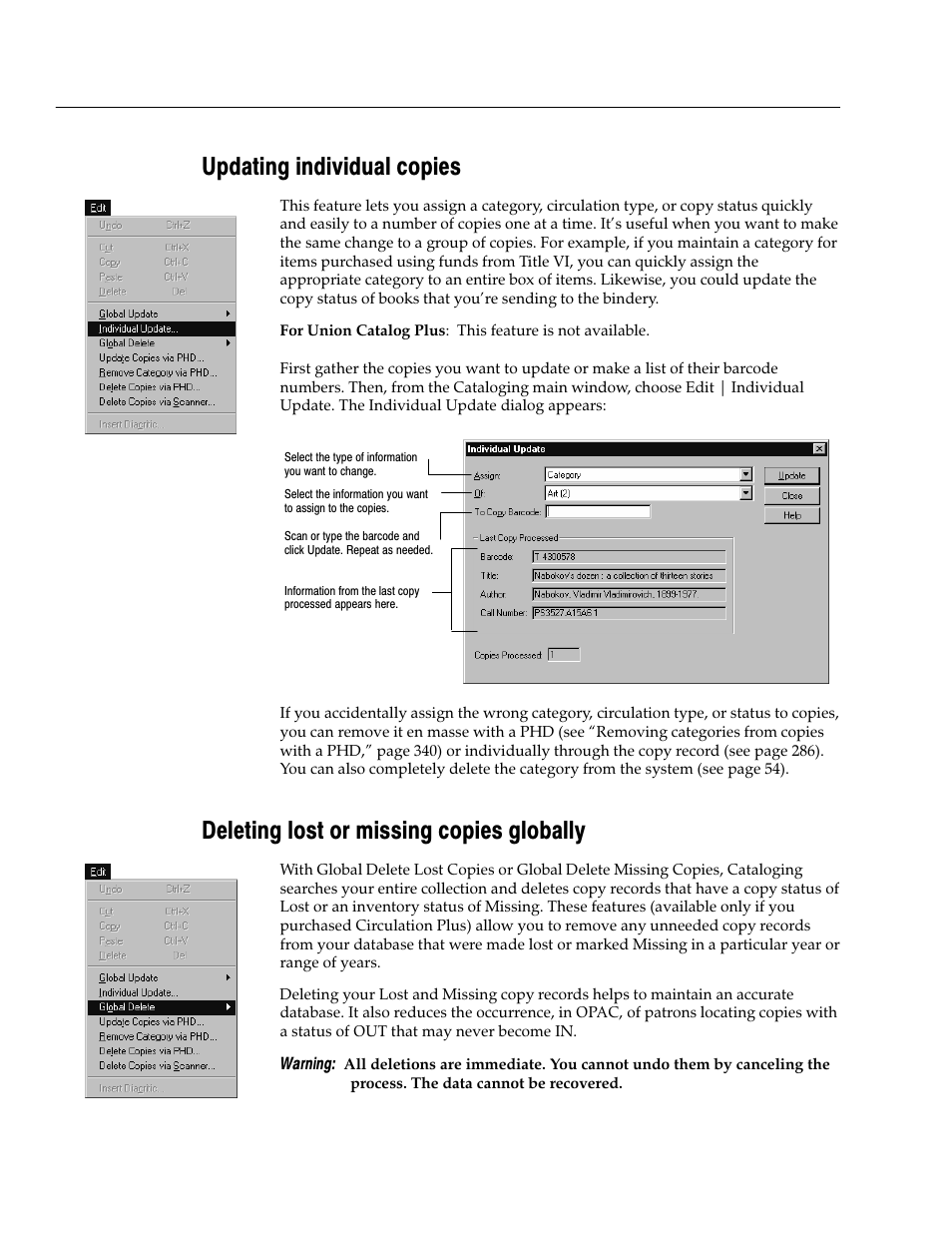 Updating individual copies, Deleting lost or missing copies globally | Follett VERSION 6.00 User Manual | Page 330 / 730