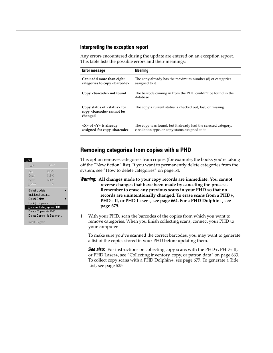 Interpreting the exception report, Removing categories from copies with a phd | Follett VERSION 6.00 User Manual | Page 340 / 730