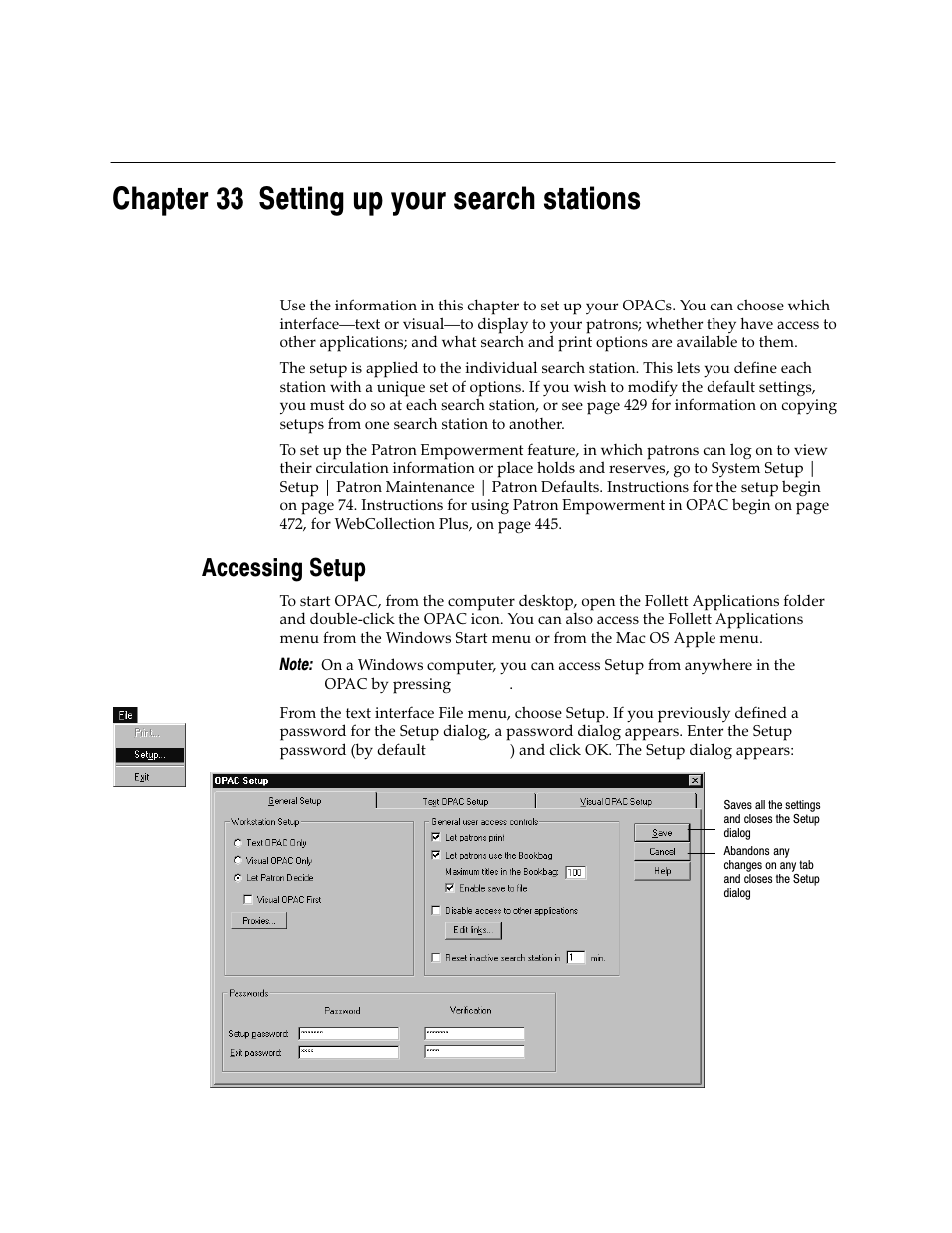 Search stations, Chapter 33 setting up your search stations, Accessing setup | Follett VERSION 6.00 User Manual | Page 403 / 730