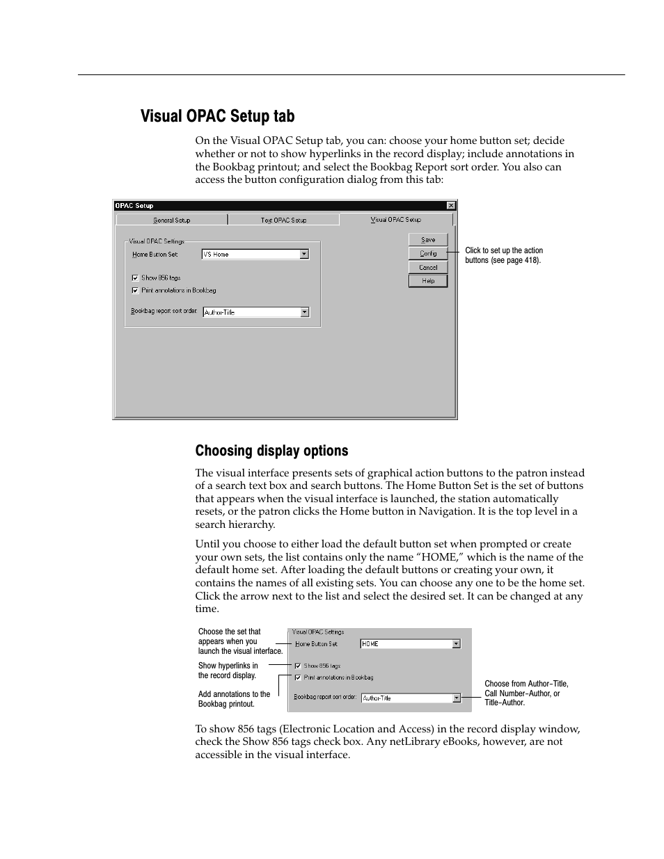 Visual opac setup tab, Choosing display options | Follett VERSION 6.00 User Manual | Page 415 / 730