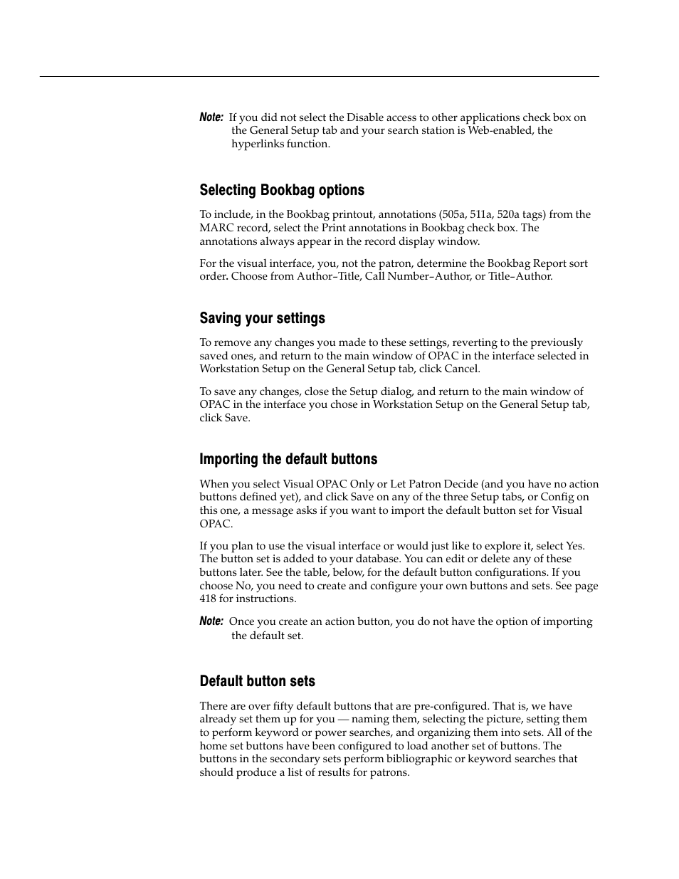 Selecting bookbag options, Saving your settings, Importing the default buttons | Default button sets | Follett VERSION 6.00 User Manual | Page 416 / 730