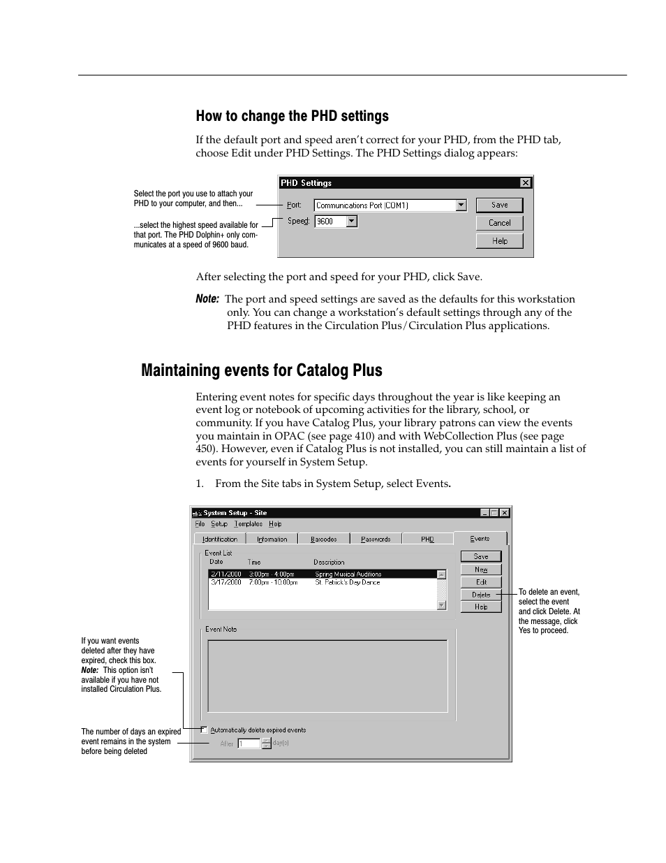 How to change the phd settings, Maintaining events for catalog plus | Follett VERSION 6.00 User Manual | Page 43 / 730