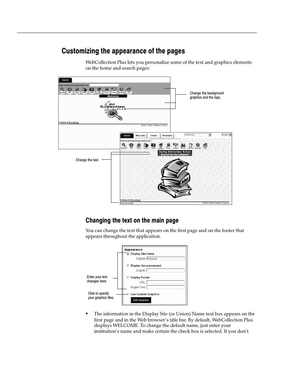 Customizing the appearance of the pages, Changing the text on the main page | Follett VERSION 6.00 User Manual | Page 436 / 730