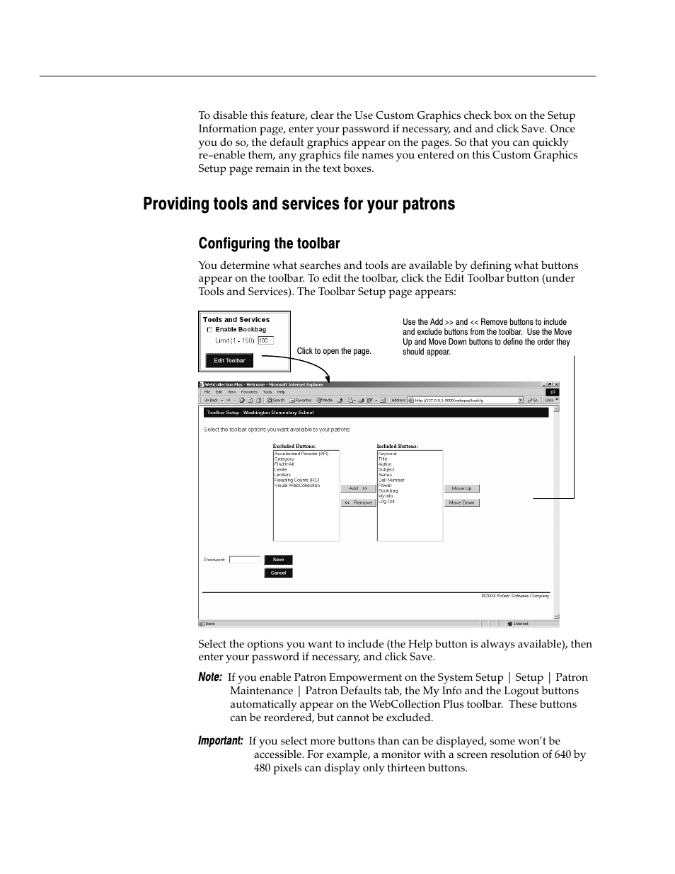 Providing tools and services for your patrons, Configuring the toolbar | Follett VERSION 6.00 User Manual | Page 438 / 730