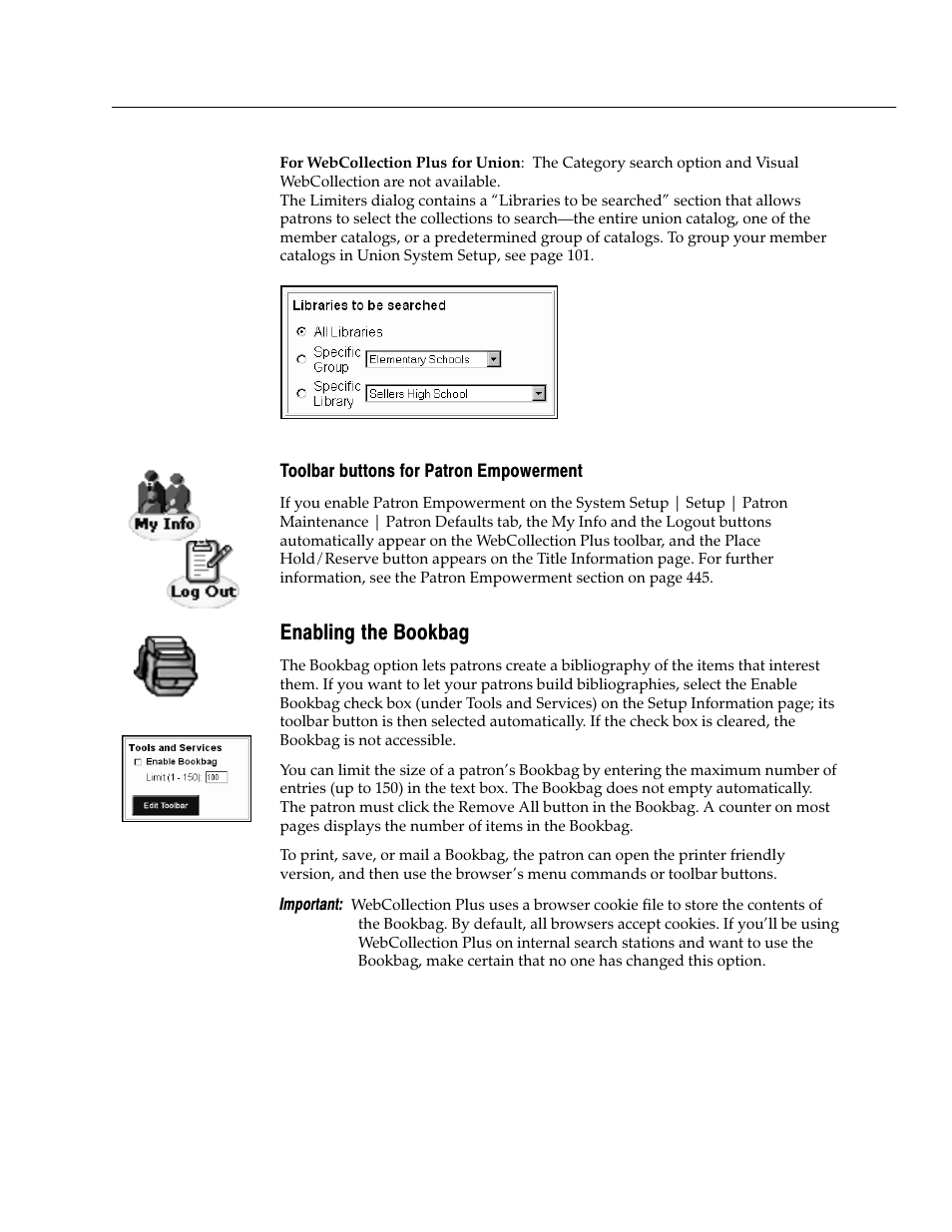 Toolbar buttons for patron empowerment, Enabling the bookbag | Follett VERSION 6.00 User Manual | Page 439 / 730