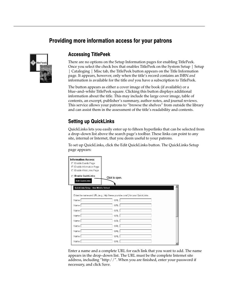 Providing more information access for your patrons, Accessing titlepeek, Setting up quicklinks | Follett VERSION 6.00 User Manual | Page 448 / 730