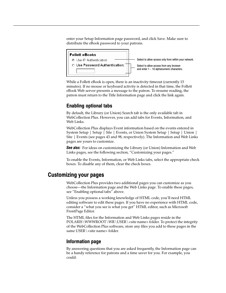 Enabling optional tabs, Customizing your pages, Information page | Follett VERSION 6.00 User Manual | Page 450 / 730