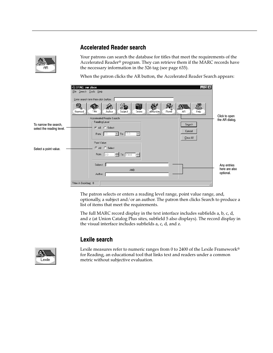 Accelerated reader search, Lexile search | Follett VERSION 6.00 User Manual | Page 461 / 730