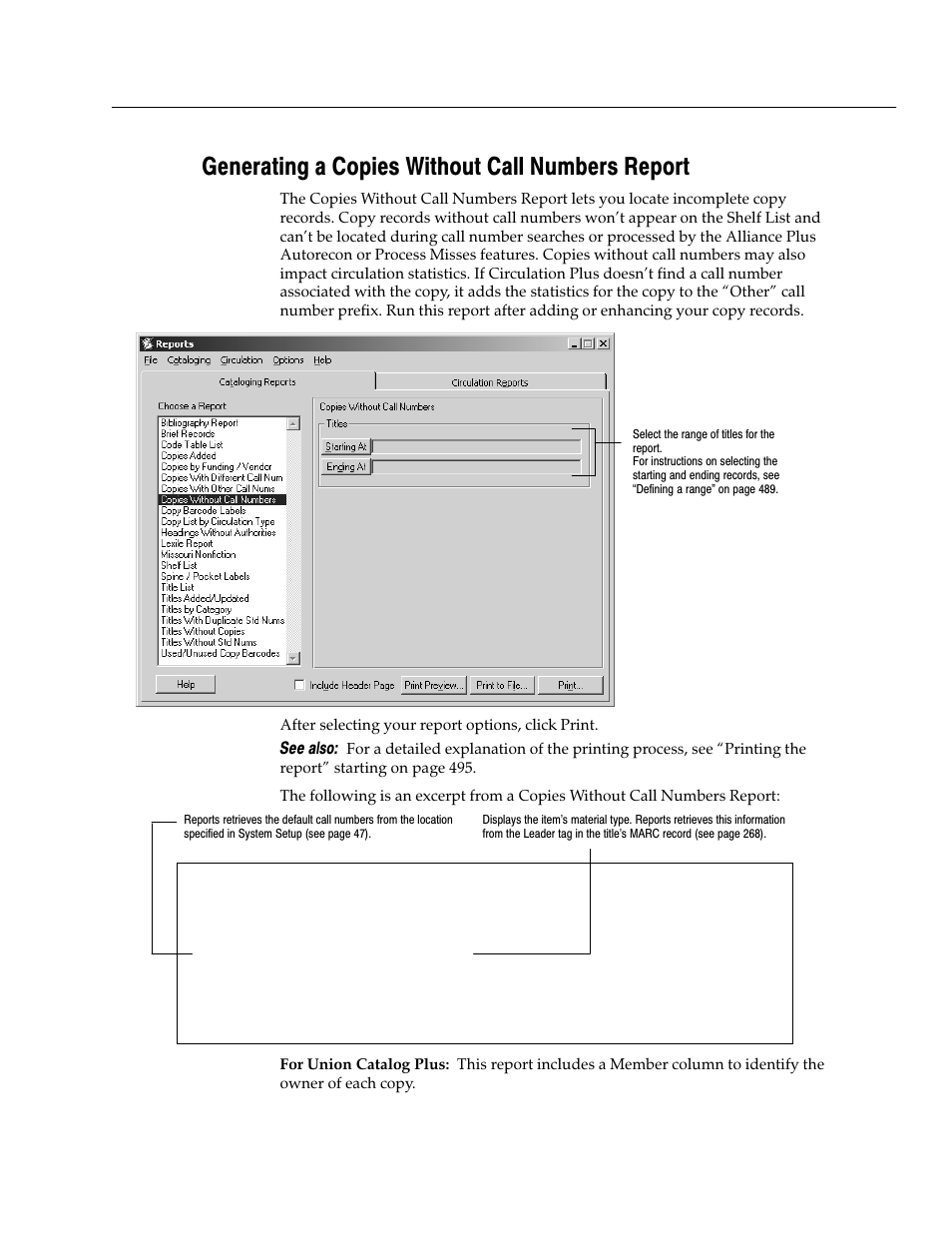 Generating a copies without call numbers report | Follett VERSION 6.00 User Manual | Page 513 / 730