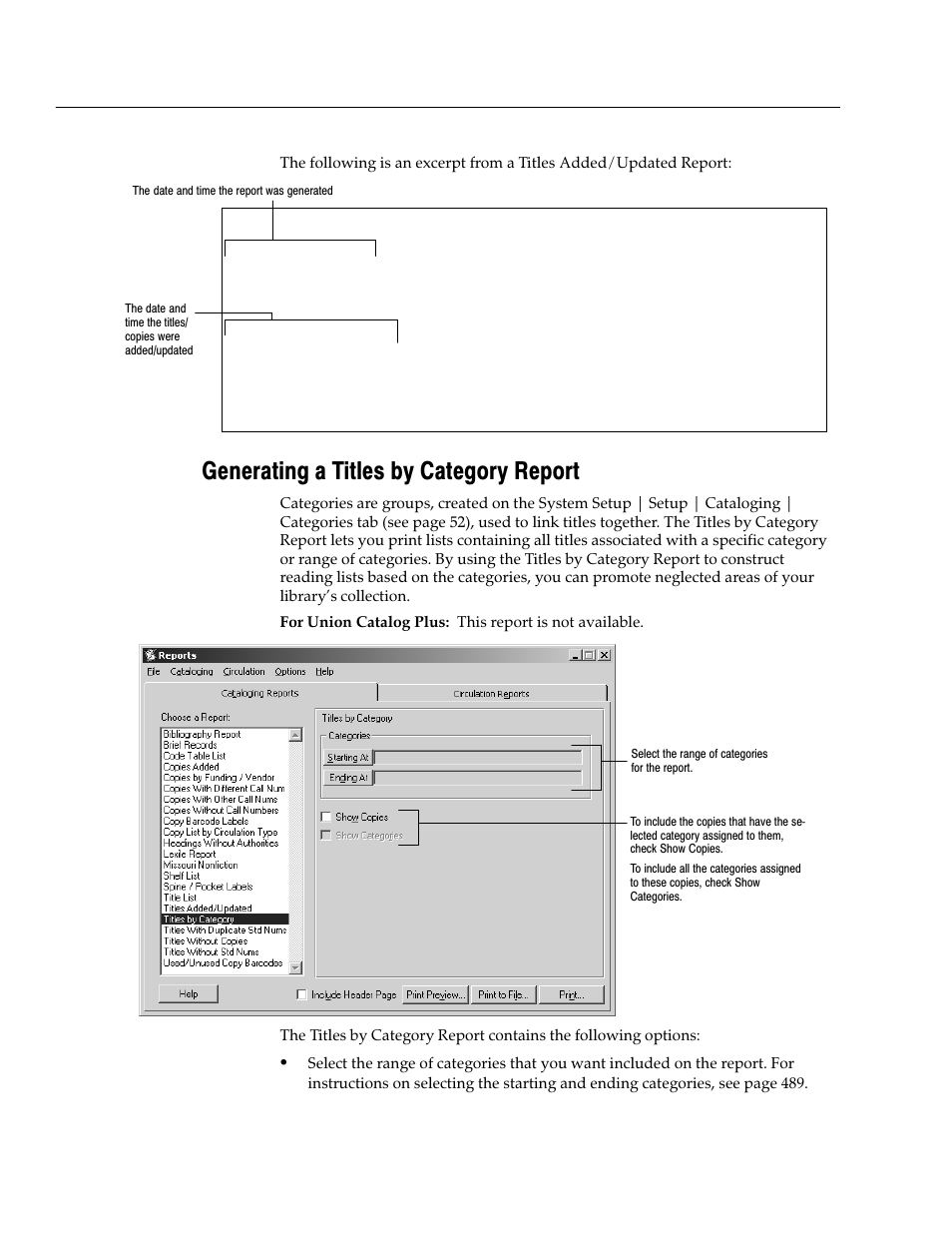 Generating a titles by category report | Follett VERSION 6.00 User Manual | Page 530 / 730