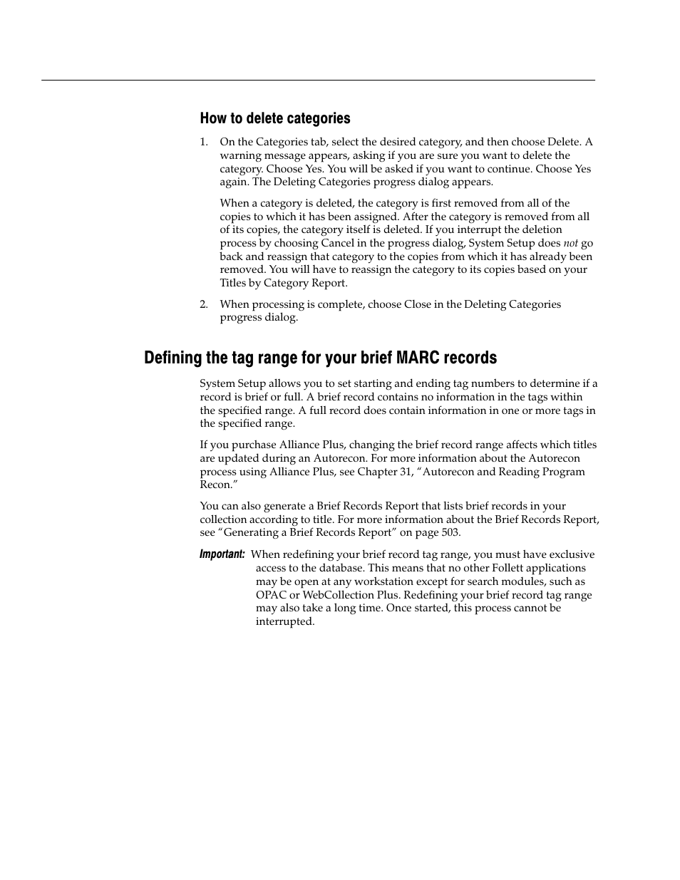 How to delete categories, Defining the tag range for your brief marc records | Follett VERSION 6.00 User Manual | Page 54 / 730