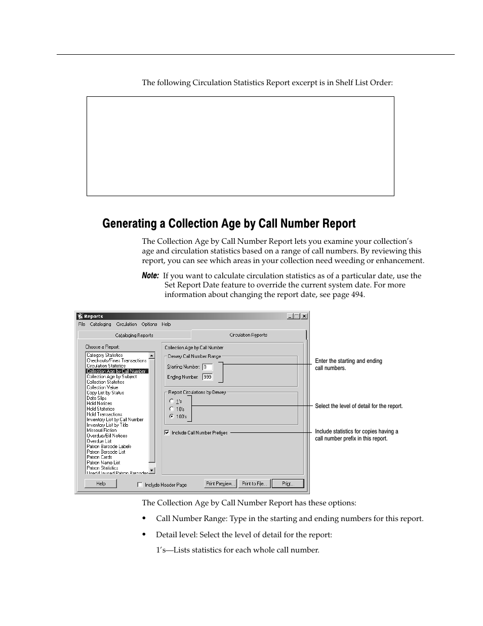 Generating a collection age by call number report | Follett VERSION 6.00 User Manual | Page 545 / 730