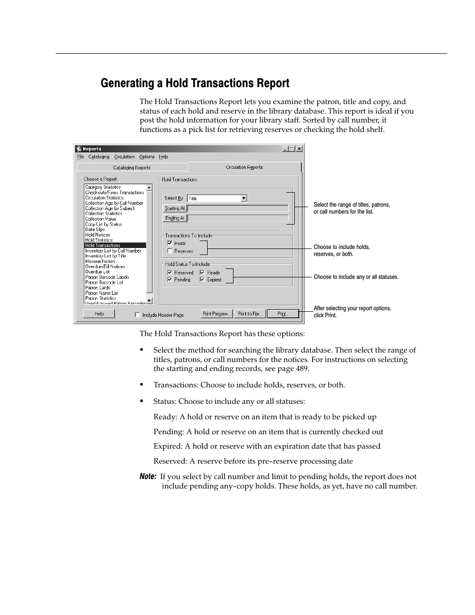 Generating a hold transactions report | Follett VERSION 6.00 User Manual | Page 557 / 730
