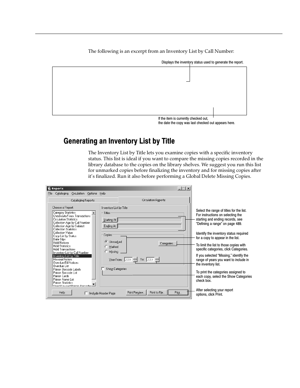 Generating an inventory list by title | Follett VERSION 6.00 User Manual | Page 559 / 730