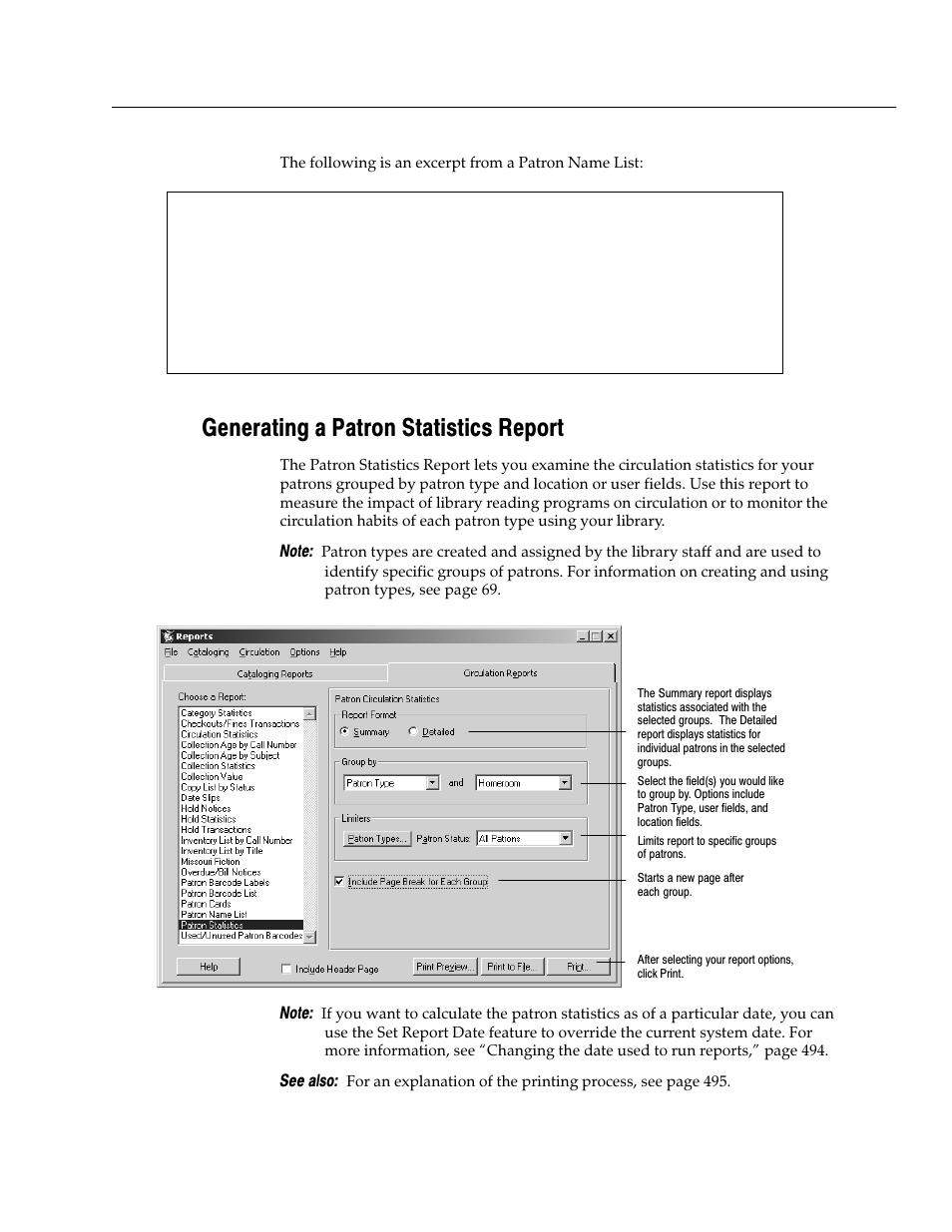 Generating a patron statistics report | Follett VERSION 6.00 User Manual | Page 577 / 730