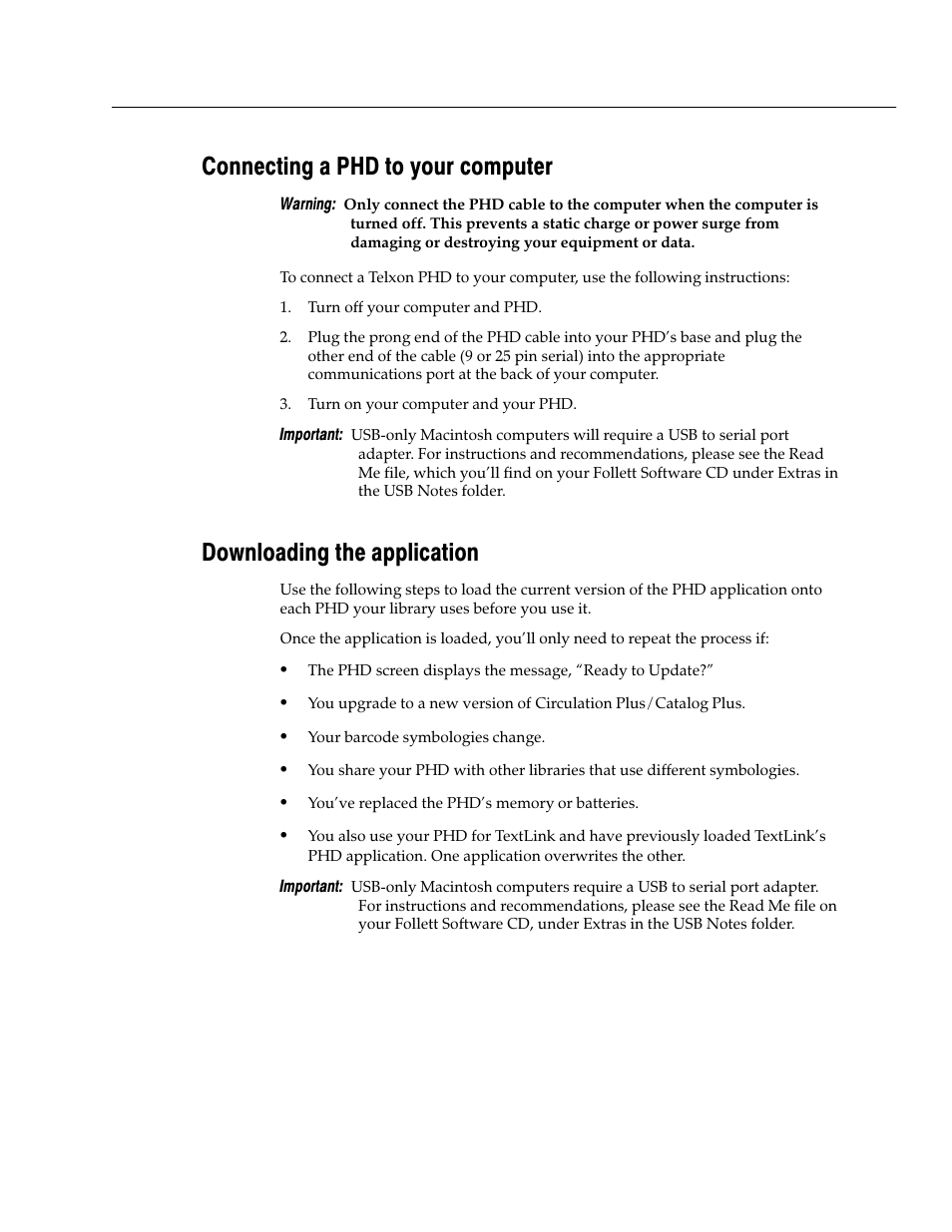 Connecting a phd to your computer, Downloading the application | Follett VERSION 6.00 User Manual | Page 655 / 730