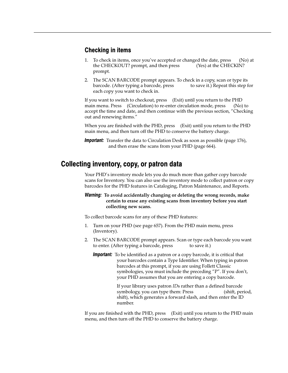 Checking in items, Collecting inventory, copy, or patron data | Follett VERSION 6.00 User Manual | Page 663 / 730