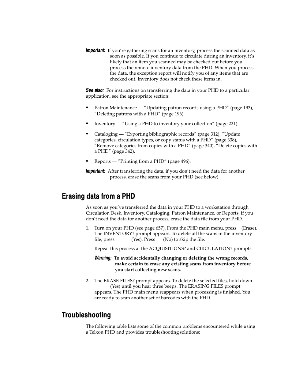 Erasing data from a phd, Troubleshooting | Follett VERSION 6.00 User Manual | Page 664 / 730