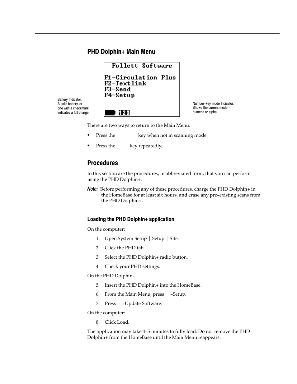Phd dolphin+ main menu, Procedures, Loading the phd dolphin+ application | Follett VERSION 6.00 User Manual | Page 683 / 730