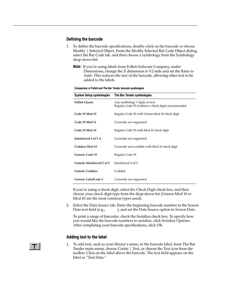Defining the barcode, Adding text to the label | Follett VERSION 6.00 User Manual | Page 694 / 730