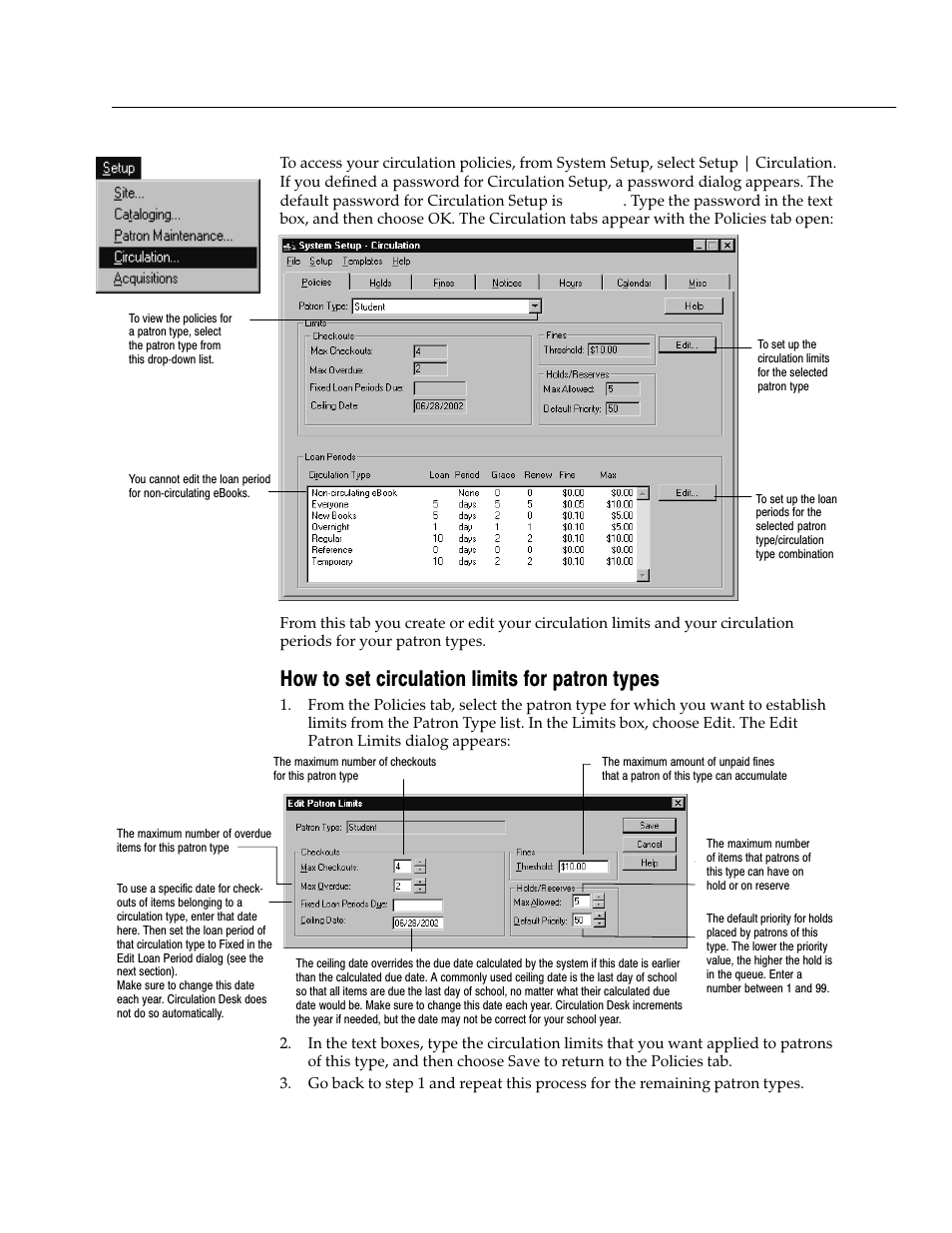 How to set circulation limits for patron types | Follett VERSION 6.00 User Manual | Page 77 / 730