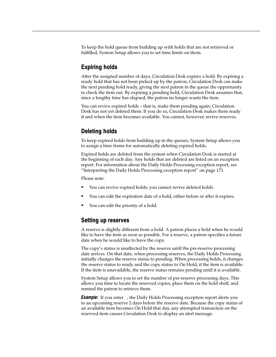 Expiring holds, Deleting holds, Setting up reserves | Follett VERSION 6.00 User Manual | Page 79 / 730