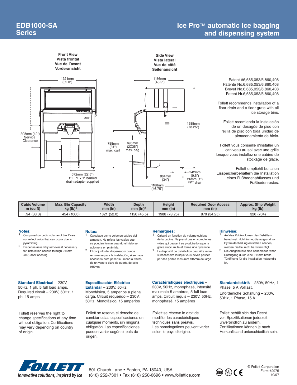 Ice pro, Automatic ice bagging and dispensing system, Edb1000-sa series | Follett Ice Pro EDB1000-SA Series User Manual | Page 2 / 2