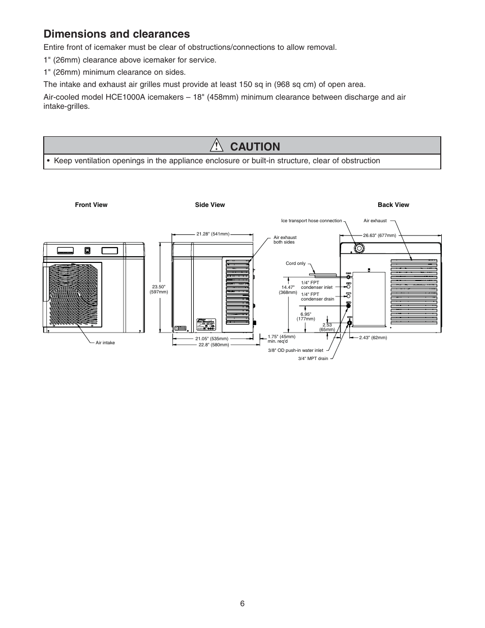 Dimensions and clearances, Caution | Follett HCE1000A User Manual | Page 6 / 40