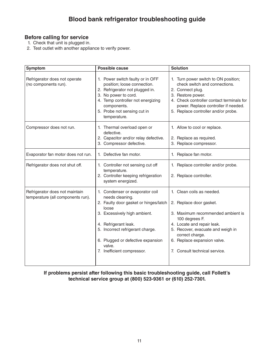 Blood bank refrigerator troubleshooting guide, Before calling for service | Follett REF5-BB User Manual | Page 11 / 16