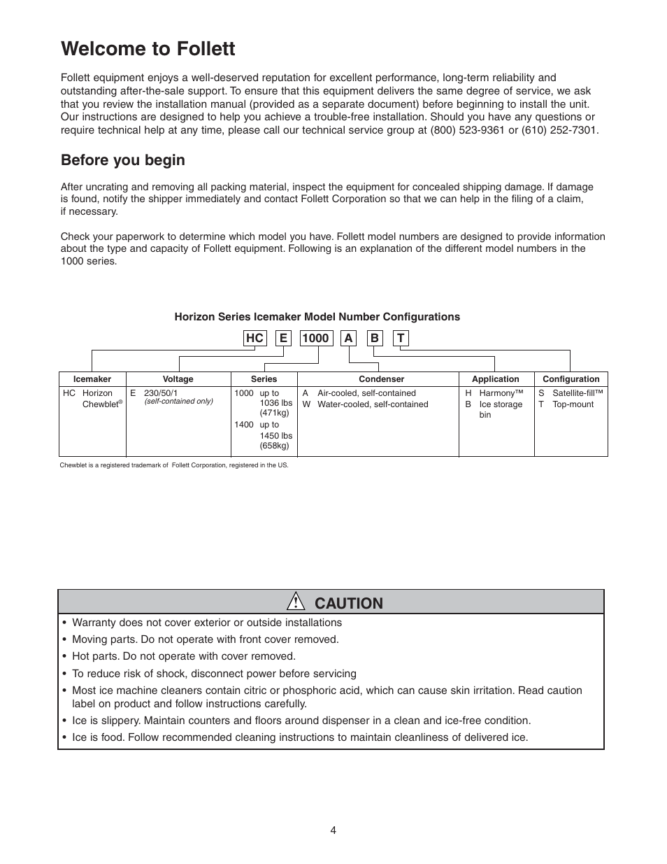 Welcome to follett, Before you begin, Caution | Follett HCE1000W User Manual | Page 4 / 40