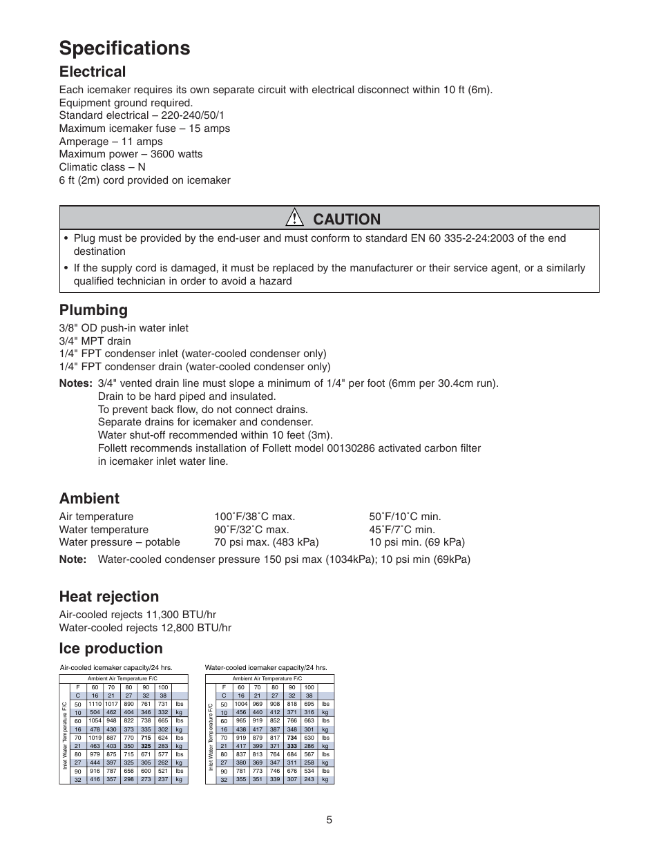 Specifications, Electrical, Caution | Plumbing, Ambient, Heat rejection, Ice production | Follett HCE1000W User Manual | Page 5 / 40