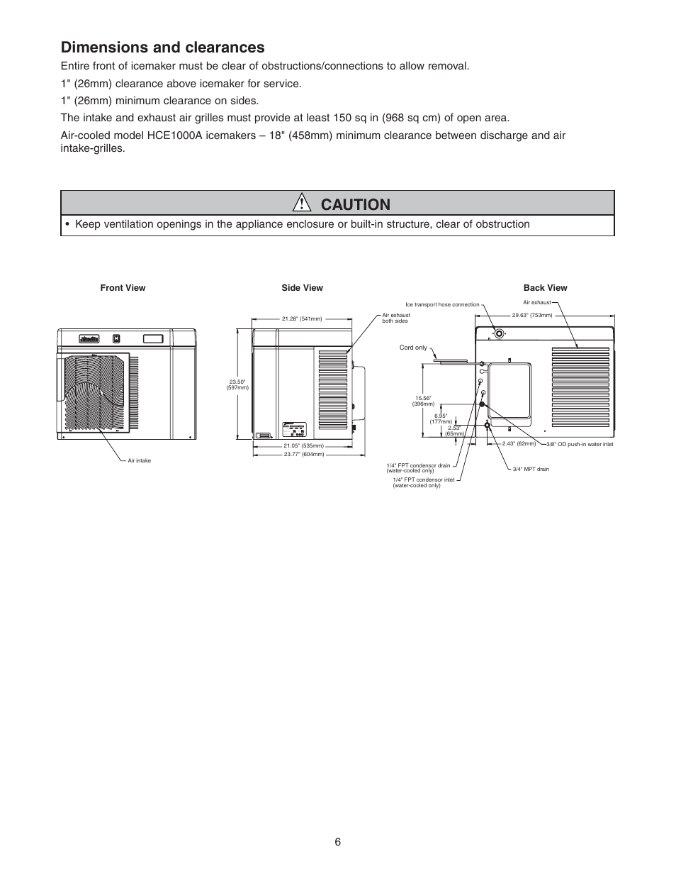 Dimensions and clearances, Caution | Follett HCE1000W User Manual | Page 6 / 40