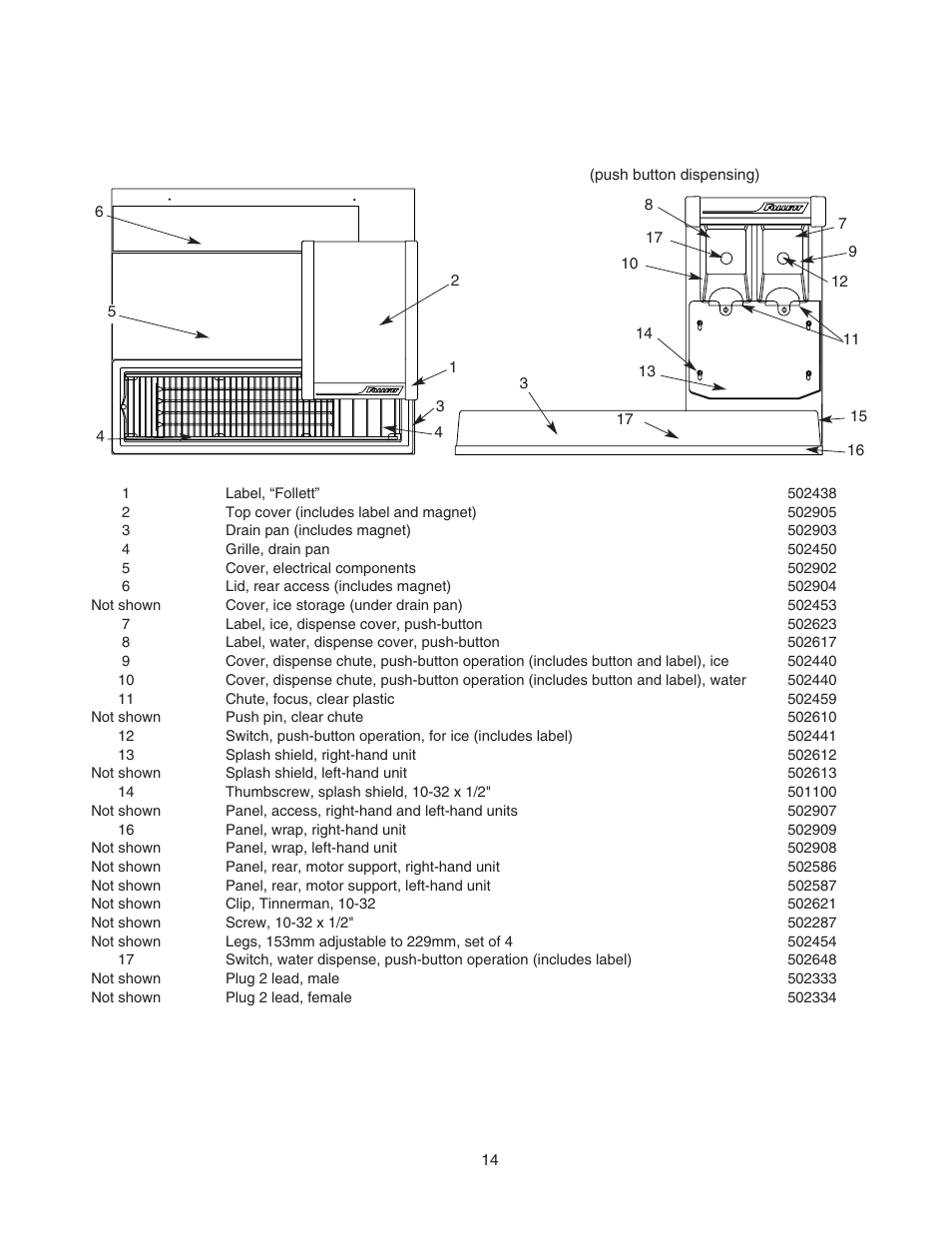 Replacement parts, Dispenser exterior | Follett MU155N Series User Manual | Page 15 / 20