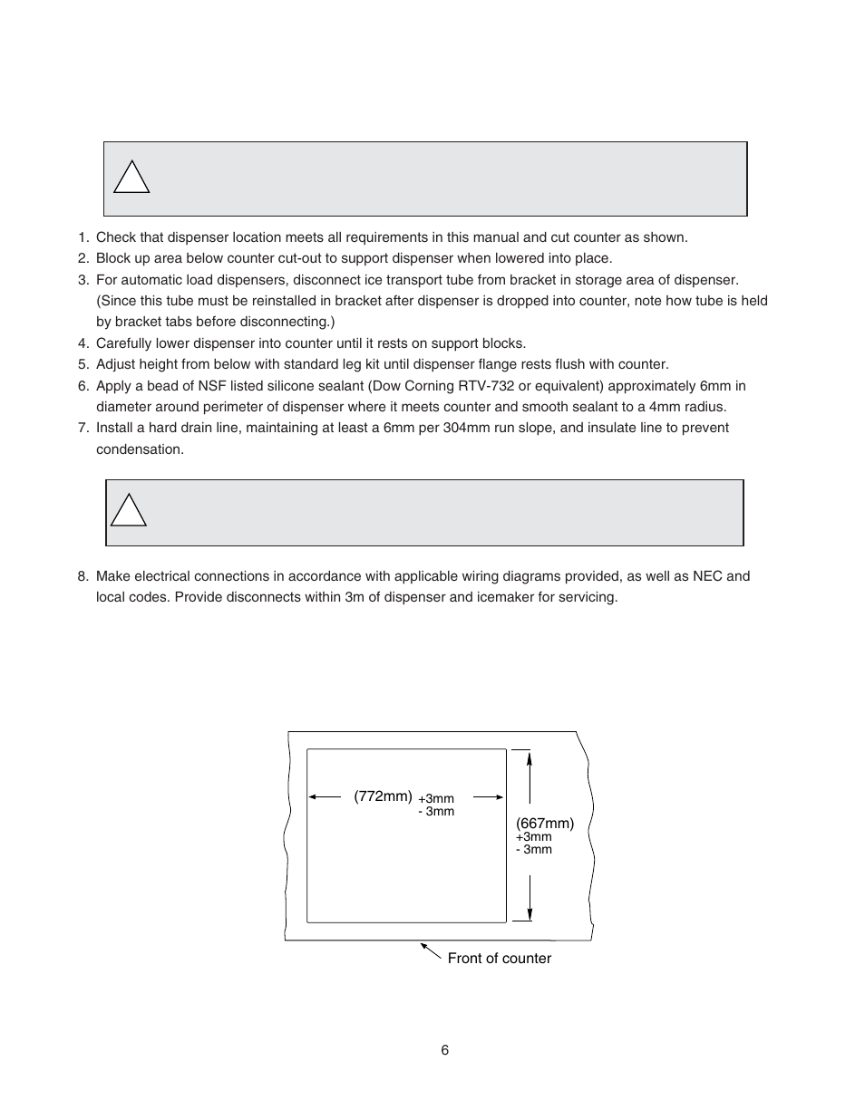 Installation, Installing mu155n dispenser in counter | Follett MU155N Series User Manual | Page 7 / 20