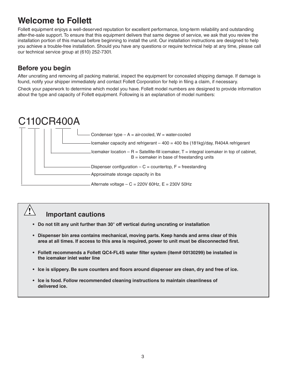 Welcome to follett, Before you begin, Important cautions | Follett 110 Series User Manual | Page 3 / 28