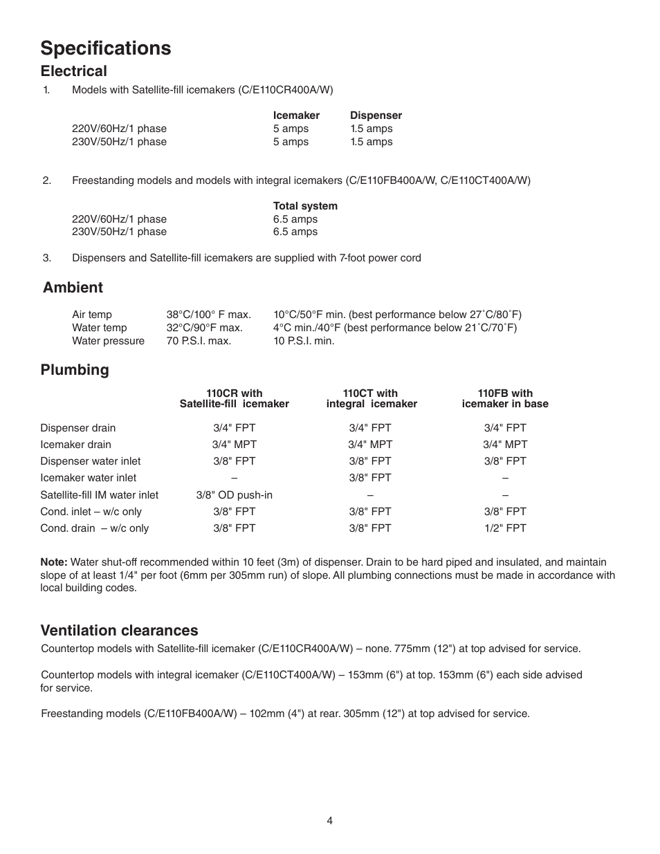 Specifications, Electrical, Ambient | Plumbing, Ventilation clearances | Follett 110 Series User Manual | Page 4 / 28